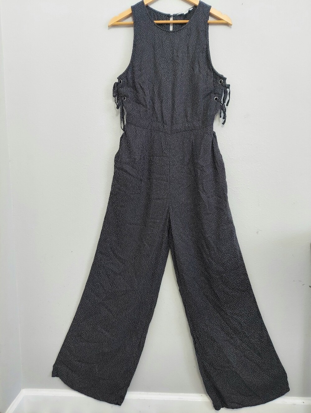 America Eagle Black Polka Dot Wide Leg Jumpsuit Adjustable Side Ties Small